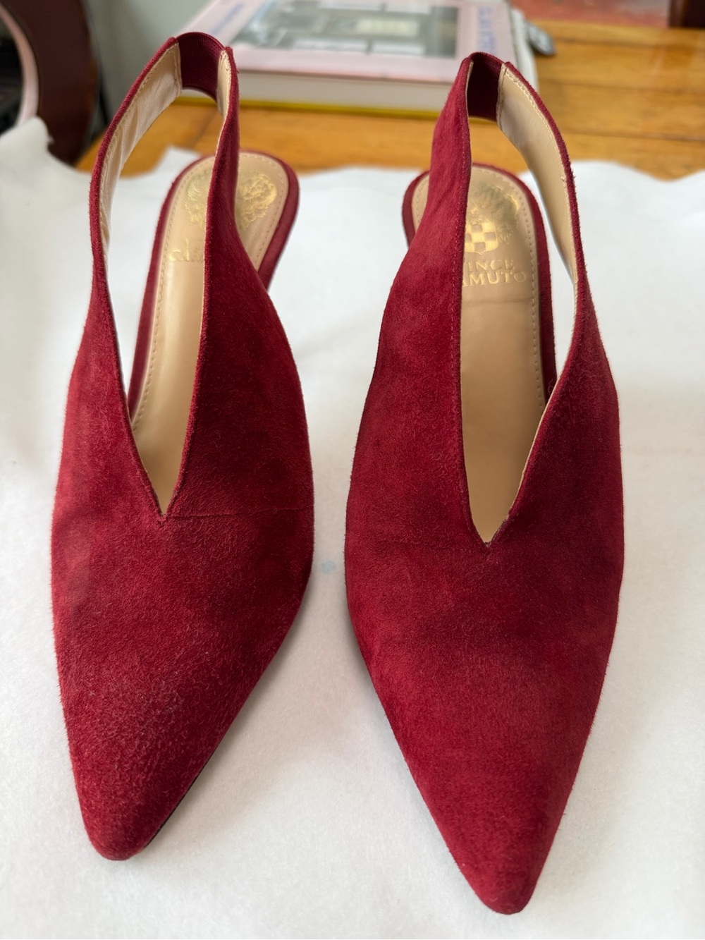 Vince Camuto Wine Red Suede Pointed Slingback Mules